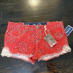 Patterned Jean Shorts with Lace (Peachy - Red)
